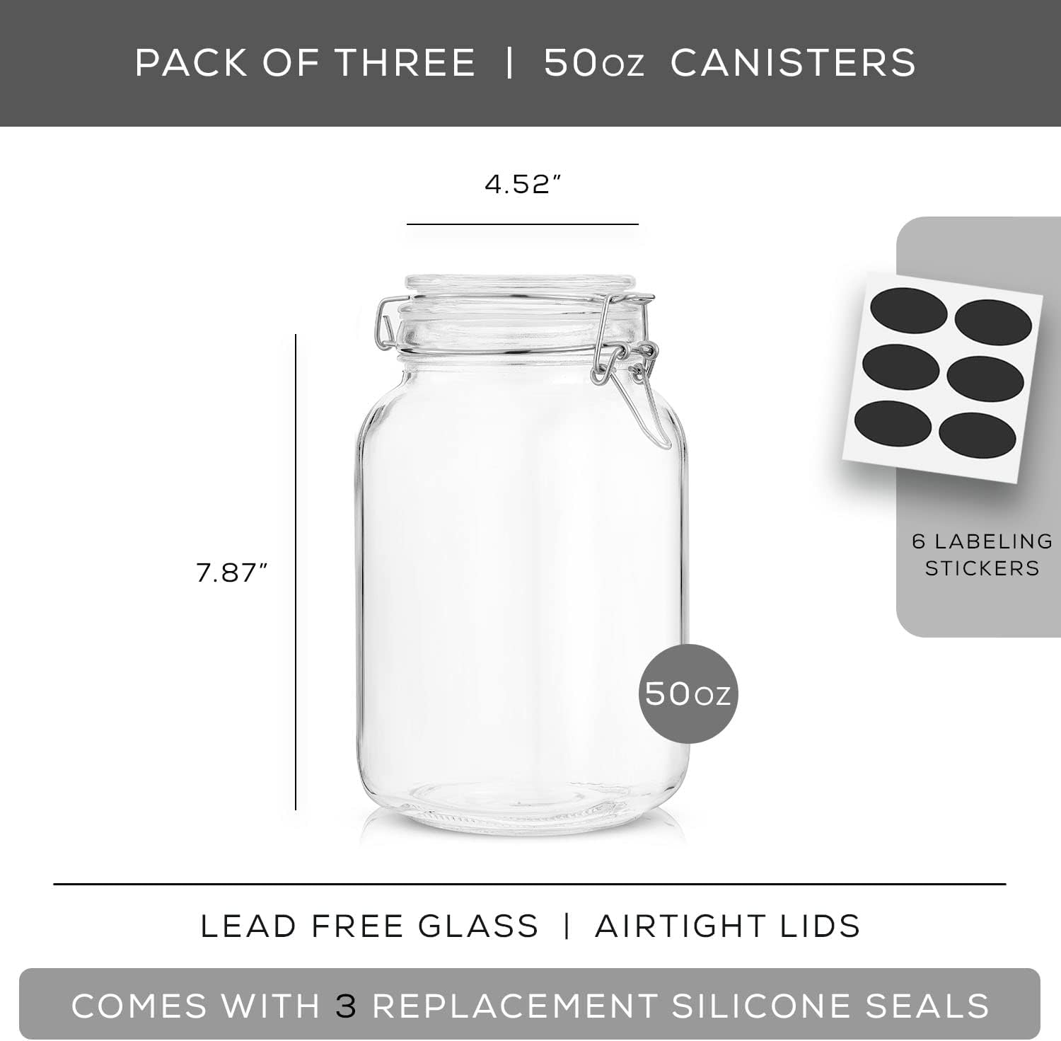 Airtight Glass Jars with Lids Set of 3. 50oz Glass Jar with Lid and 6 Silicone Seals! Med Glass Food Storage Containers. Square Mason Jar, Flour Jar, Candy or Cookie Jars for Kitchen Counter-1