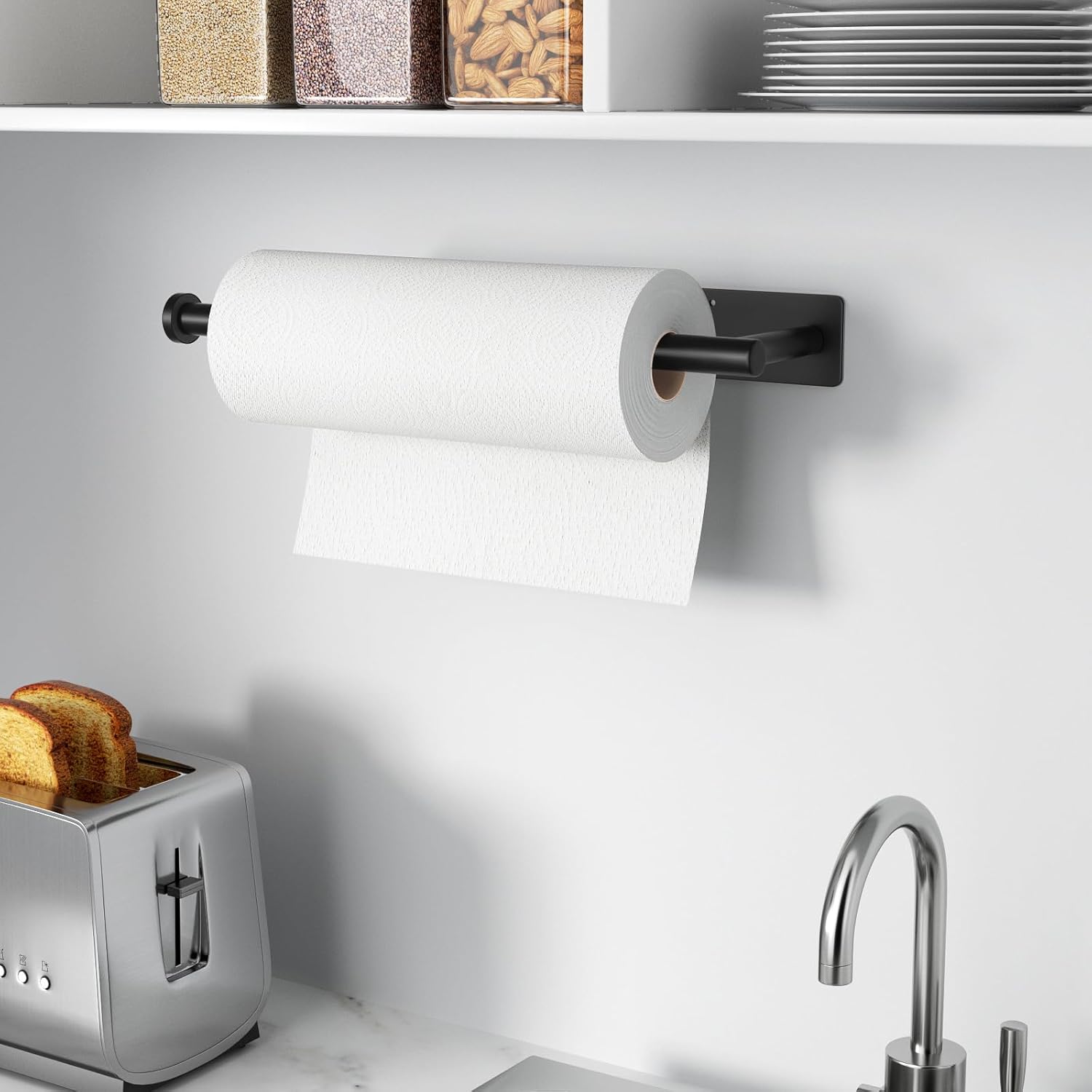 Paper Towel Holder - Self-Adhesive or Drilling, Matte Black Wall Mounted Rack - SUS304 Stainless Steel Kitchen Roll Holder Under Cabinet-6