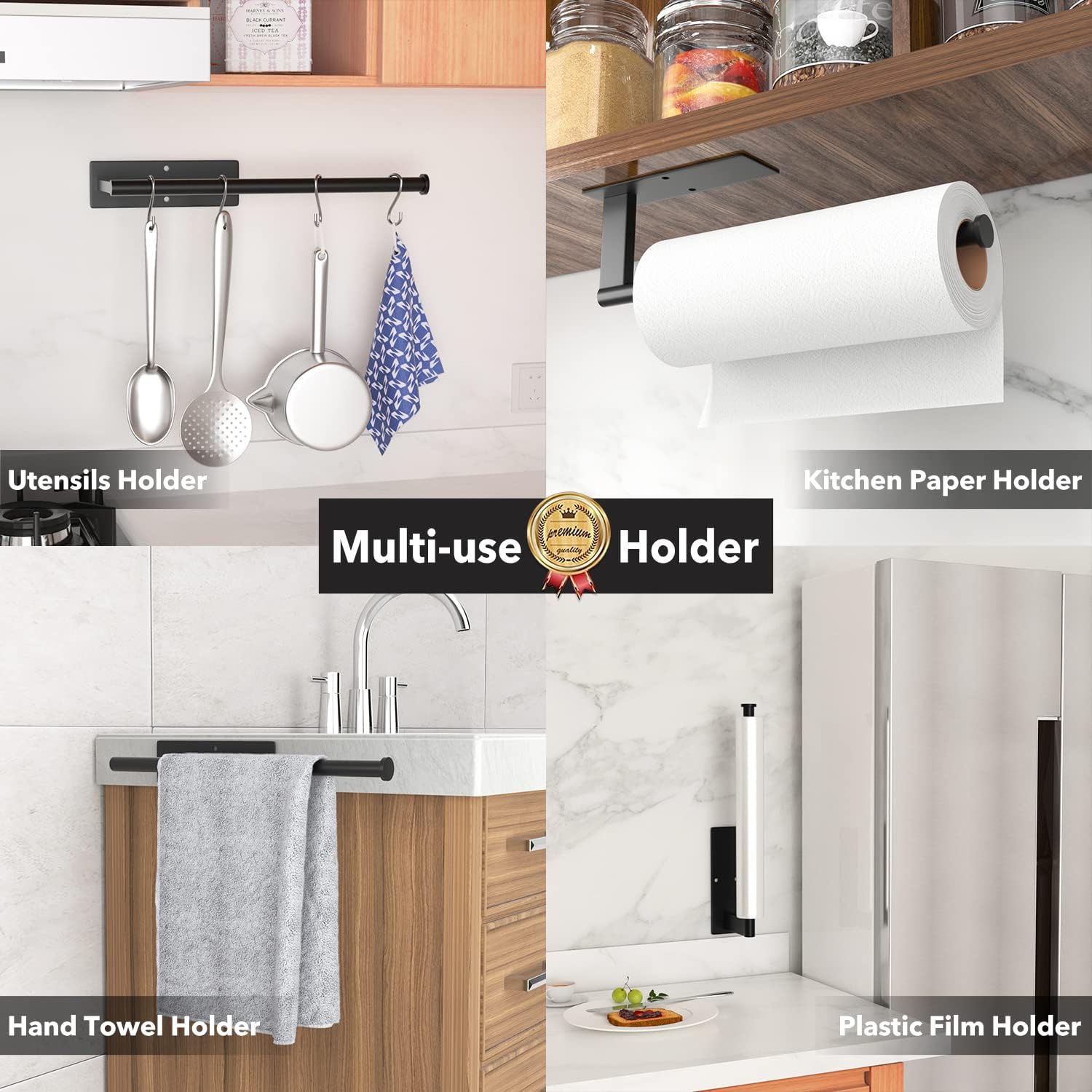 Paper Towel Holder Under Cabinet - Stainless Steel Paper Towel Holder Wall Mount, Self-Adhesive or Drilling, Matte Black Towel Rack for Kitchen Organization and Storage, Kitchen Paper Roll Holder-6