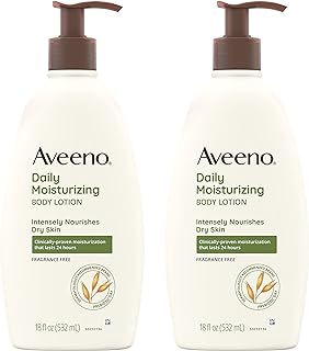 Aveeno Daily Moisturizing Body Lotion with Soothing Prebiotic Oat, Gentle Lotion Nourishes Dry Skin With Moisture, Paraben-, Dye- & Fragrance-Free, Non-Greasy & Non-Comedogenic, 2 x 18 oz