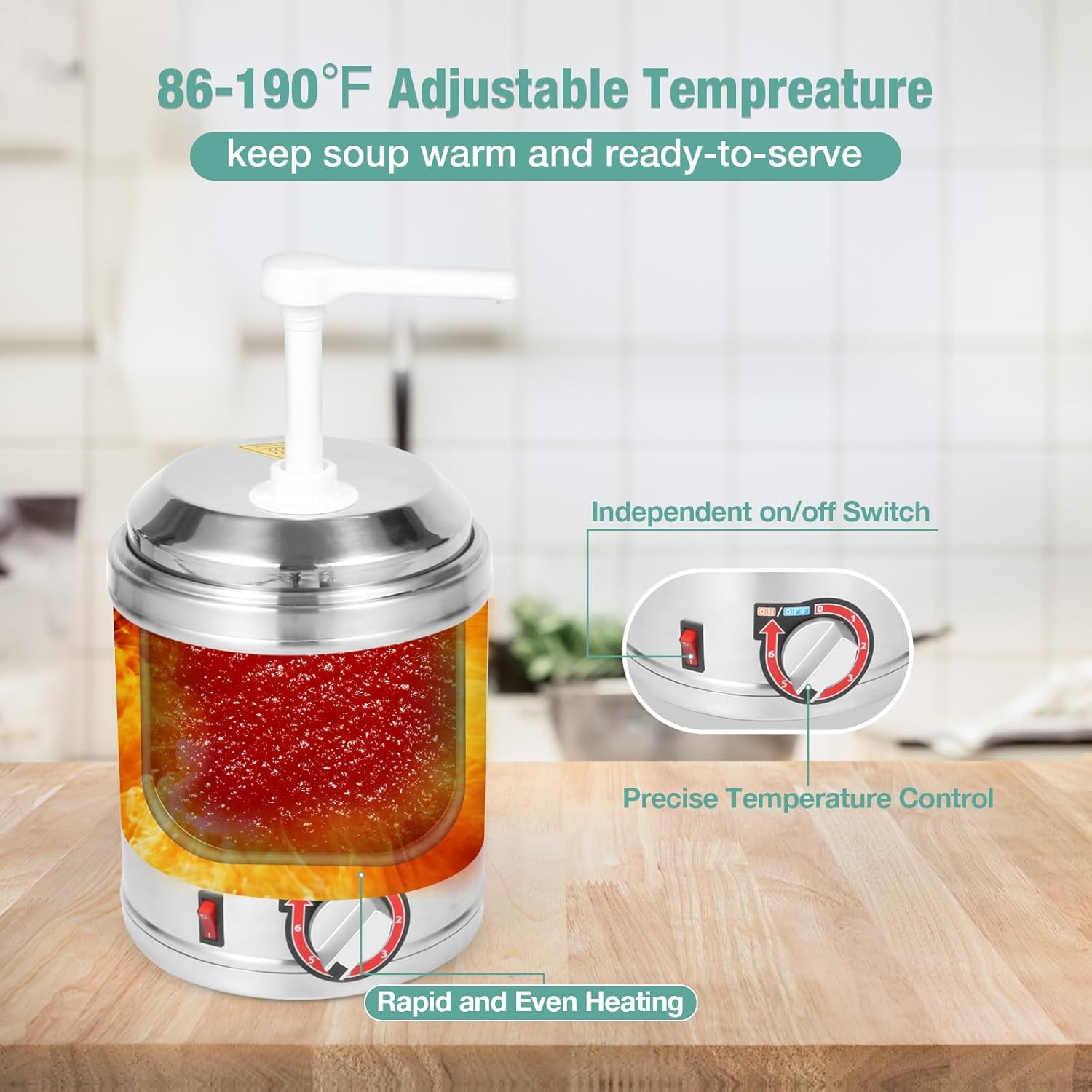 Restlrious Hot Fudge Dispenser with Plastic Pump, 2.6 QT Electric Stainless Steel Round Sauce Warmer with Temp Control, Nacho Cheese Pump Dispenser for Commercial Buffet, Cake Shop & Kitchen,110V/200W-2