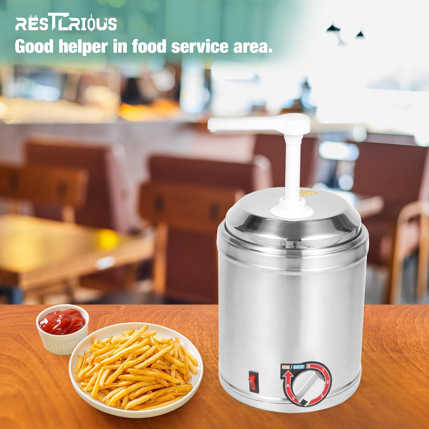 Restlrious Hot Fudge Dispenser with Plastic Pump, 2.6 QT Electric Stainless Steel Round Sauce Warmer with Temp Control, Nacho Cheese Pump Dispenser for Commercial Buffet, Cake Shop & Kitchen,110V/200W-7