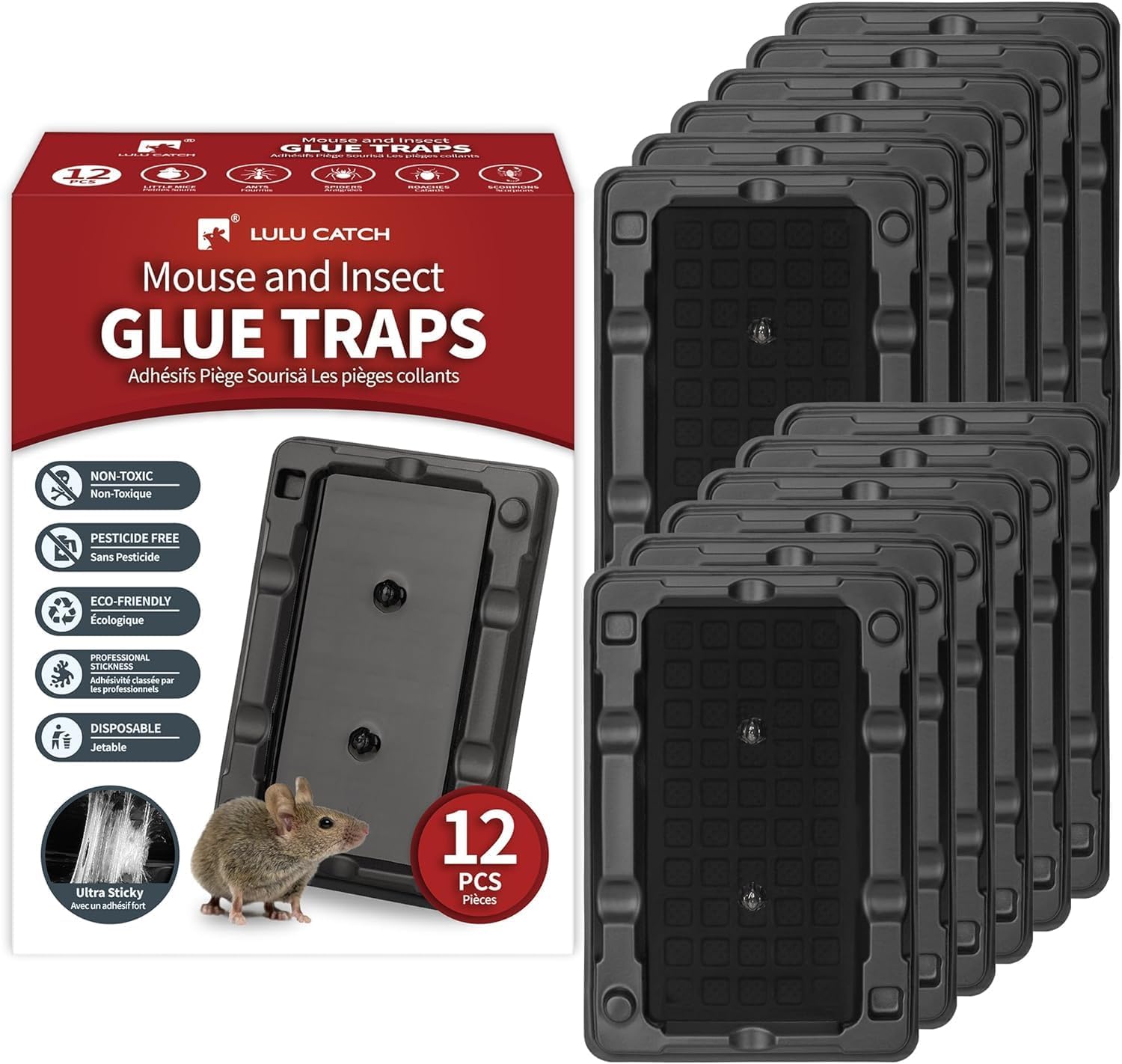 LULUCATCH Mouse & Insect Traps 12 Pack, Heavier Sticky Traps with Non-Toxic Glue for Small Mice & Insects. Sticky Mouse Traps Indoor, Easy to Set, Safe to Children & Pets-0