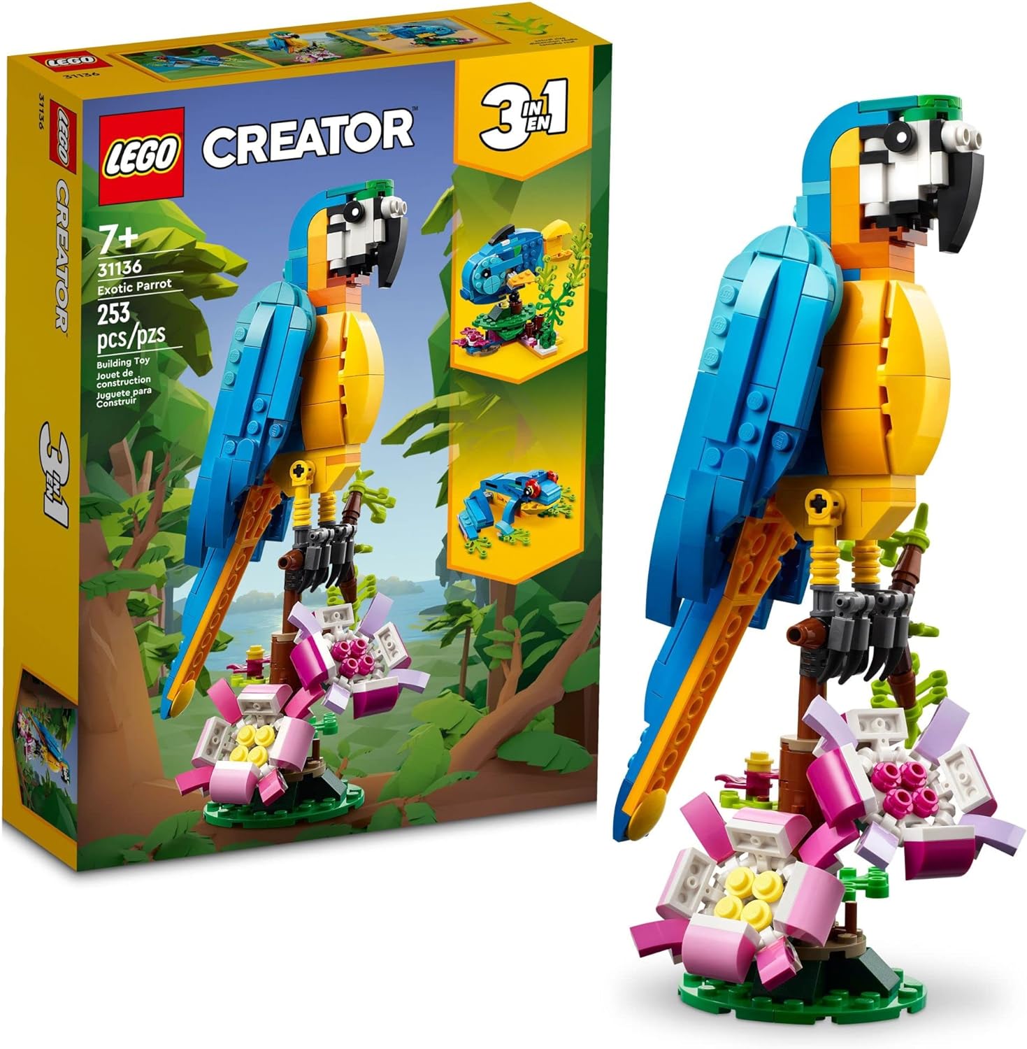 LEGO Creator 3 in 1 Exotic Parrot Building Toy Set, Transforms to 3 Different Animal Figures - from Colorful Parrot, to Swimming Fish, to Cute Frog, Creative Toys for Kids Ages 7 and Up, 31136-0