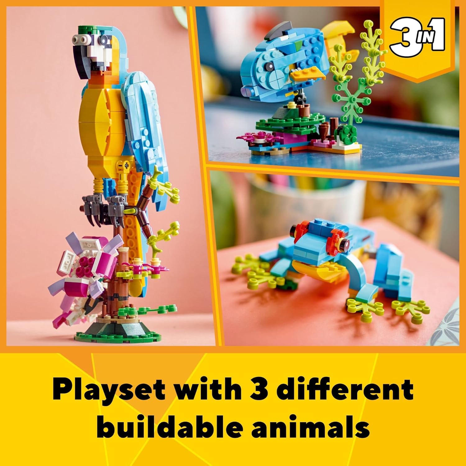 LEGO Creator 3 in 1 Exotic Parrot Building Toy Set, Transforms to 3 Different Animal Figures - from Colorful Parrot, to Swimming Fish, to Cute Frog, Creative Toys for Kids Ages 7 and Up, 31136-1