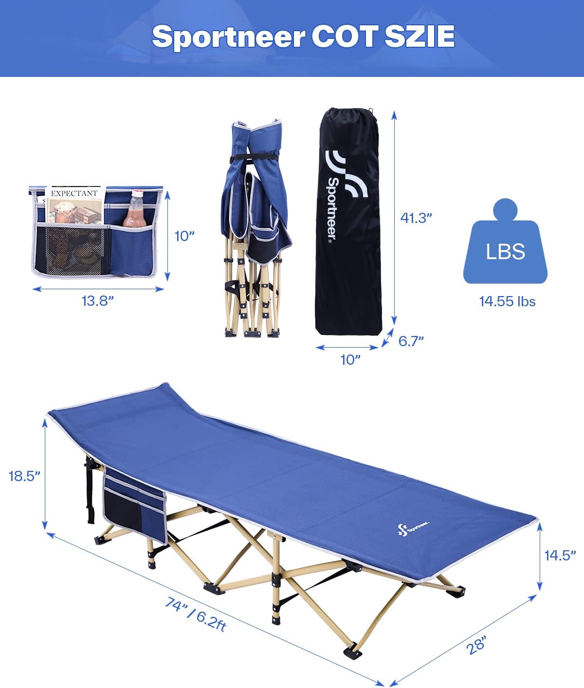 Sportneer Camping Cot: 1200D Double Layer Oxford Camping Cots for Adults - Heavy-Duty Foldable Cots for Camping Travel Tent Day Outdoor & Home Guest, Camping Cots with Mattress Carry Bag & 2 Pockets-1