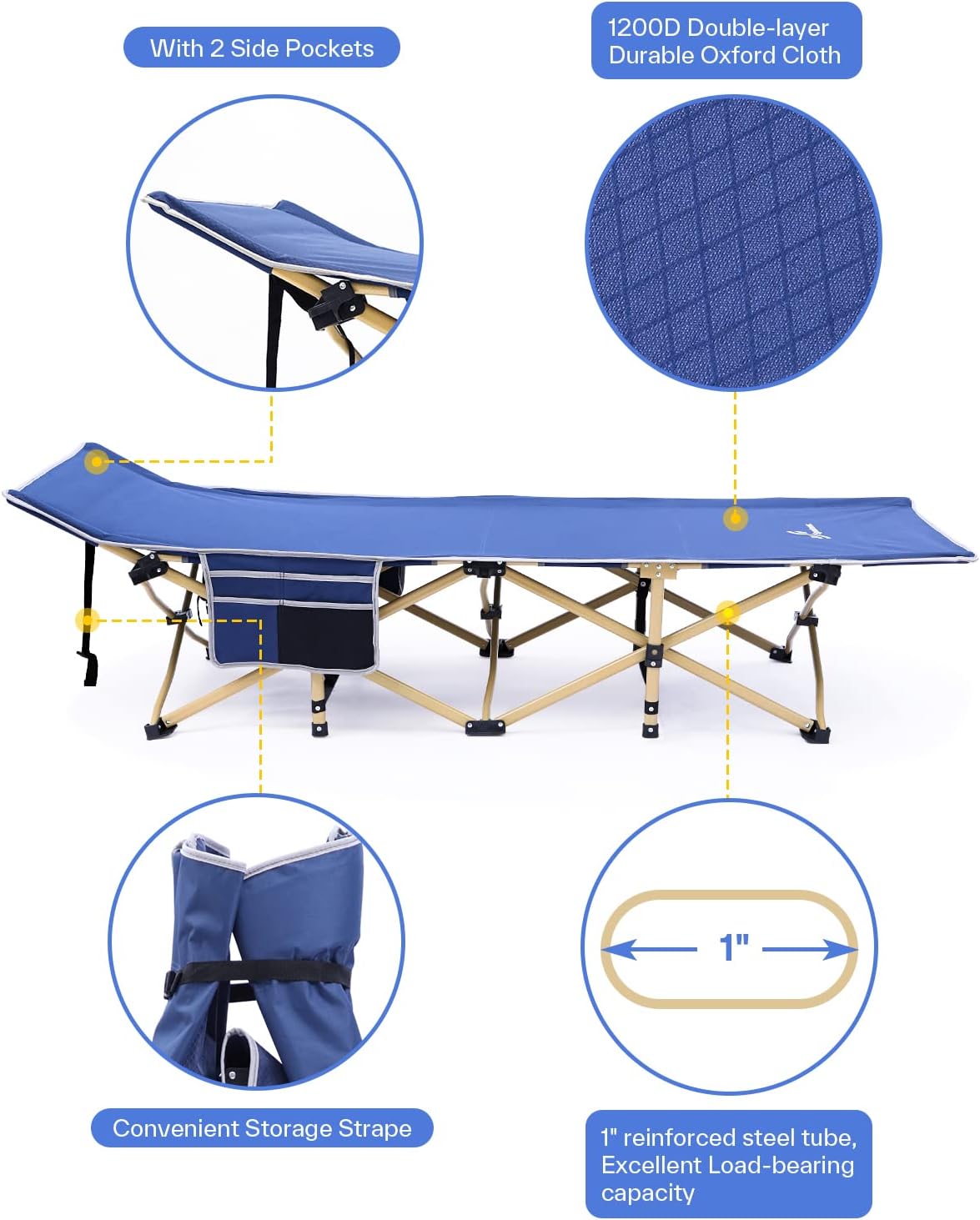 Sportneer Camping Cot: 1200D Double Layer Oxford Camping Cots for Adults - Heavy-Duty Foldable Cots for Camping Travel Tent Day Outdoor & Home Guest, Camping Cots with Mattress Carry Bag & 2 Pockets-3