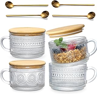 LANDNEOO 4pcs Set Vintage Coffee Mugs gifts for women, Overnight Oats Containers with Bamboo Lids and Spoons - 14oz Clear Embossed Glass Cups, Cute Coffee Bar Accessories, Iced Coffee Glasses