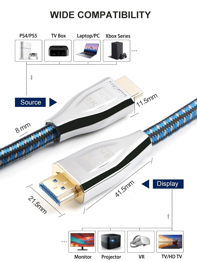 10K 8K HDMI 2.1 Cable Certified, 48Gbps Ultra High Speed HDMI Cables Braided Cord, (8K@60Hz, 4K@120Hz) Supports Dynamic HDR 10 eARC 3D, Dolby Atmos Compatible with Roku TV/PS5/HDTV (Silver, 3.3ft)-6