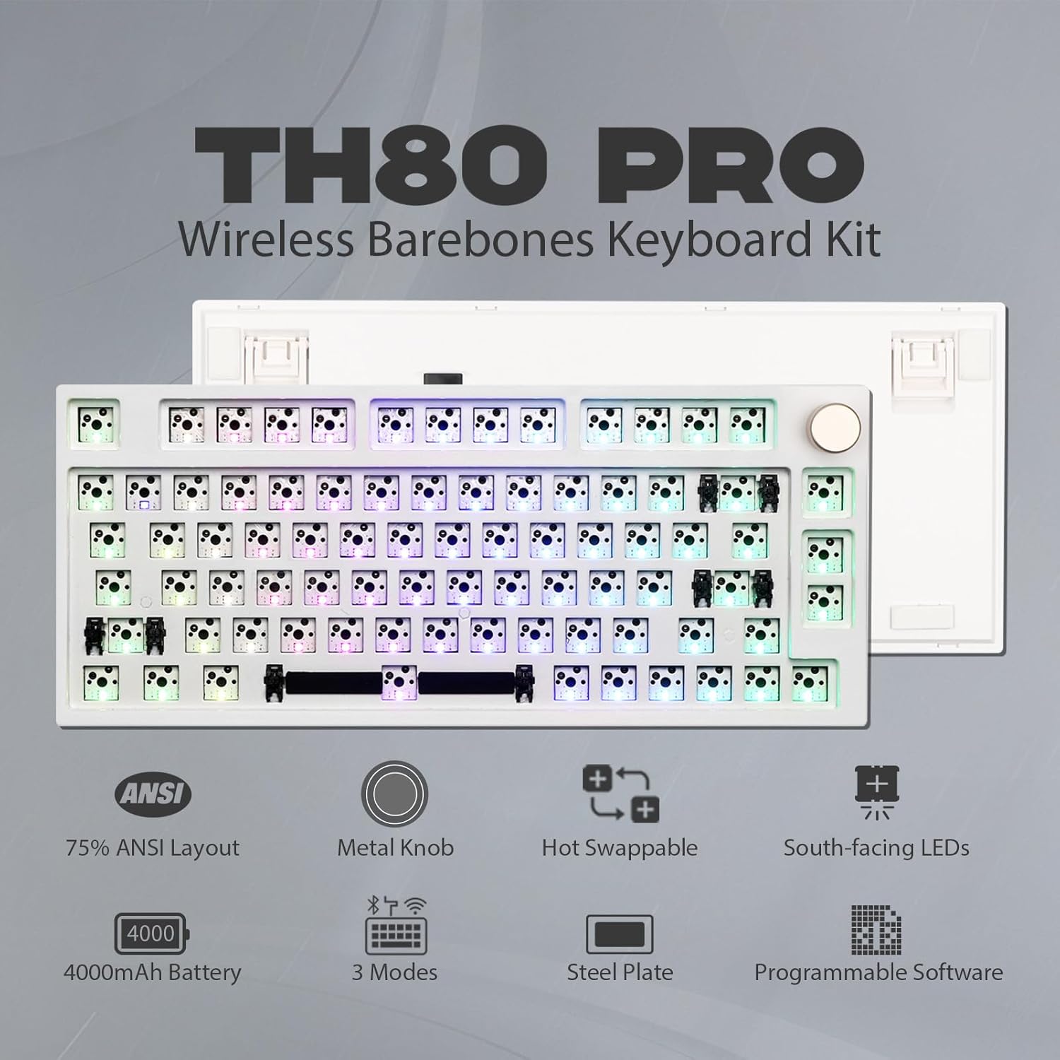 EPOMAKER TH80 Pro Wireless Barebones Keyboard Kit, 75% Hot Swap Mechanical Keyboard Kit, Bluetooth 5.0/2.4GHz/Wired RGB Gaming Keyboard, South-Facing LEDs for Win/Mac/PS5/PS4/Xbox (White)-1