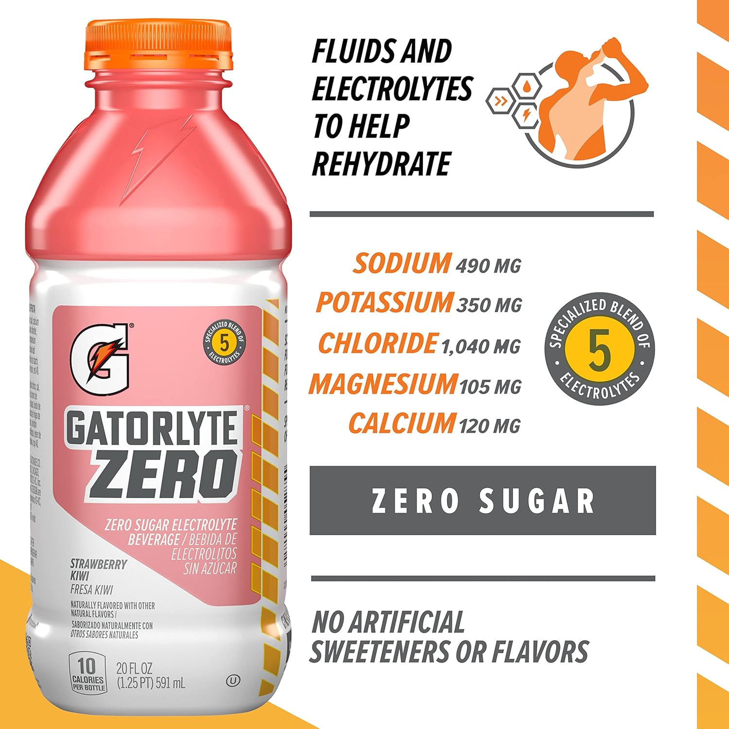 Gatorlyte Zero Electrolyte Beverage, Strawberry Kiwi, Zero Sugar Hydration, Specialized Blend of 5 Electrolytes, No Artificial Sweeteners or Flavors, 20 Oz Bottles (Pack of 12)-1