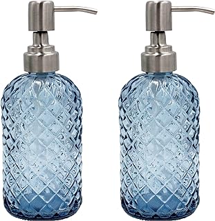 16 Oz Soap Dispenser with 304 Rustproof Stainless Steel Pump, Kitchen, Bathroom Soap Dispenser， Refillable Liquid Glass Soap Dispenser for Hand Soap, Soap, Lotion. (Blue-2pack)