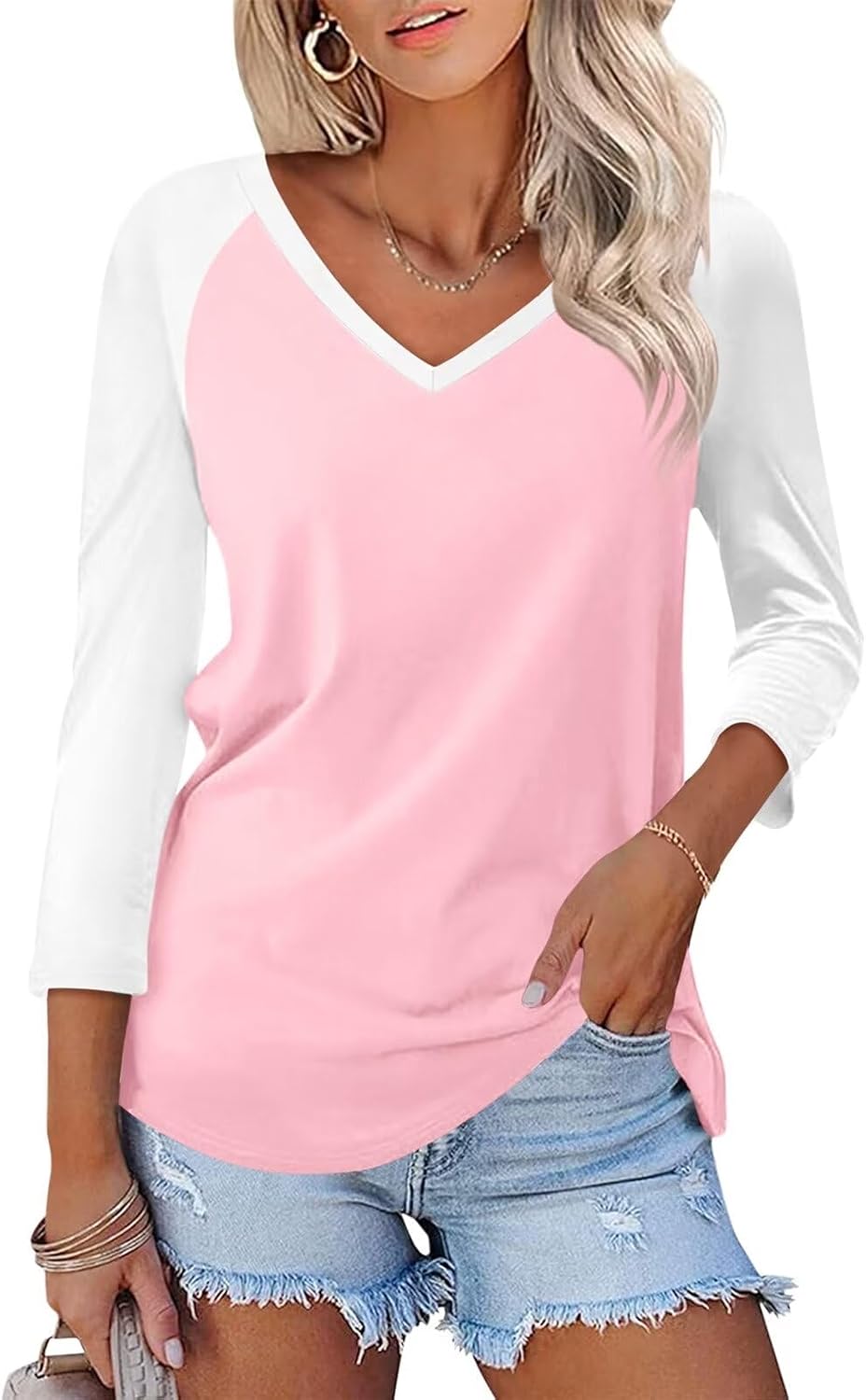 Minetom Women's V Neck 3/4 Sleeve T Shirt Solid/Color Block Casual Basic Tops Summer Tees-0