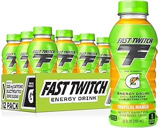 Fast Twitch Energy drink from Gatorade, Tropical Mango, 12oz Bottles, (12 Pack), 200mg Caffeine, Zero Sugar, Electrolytes