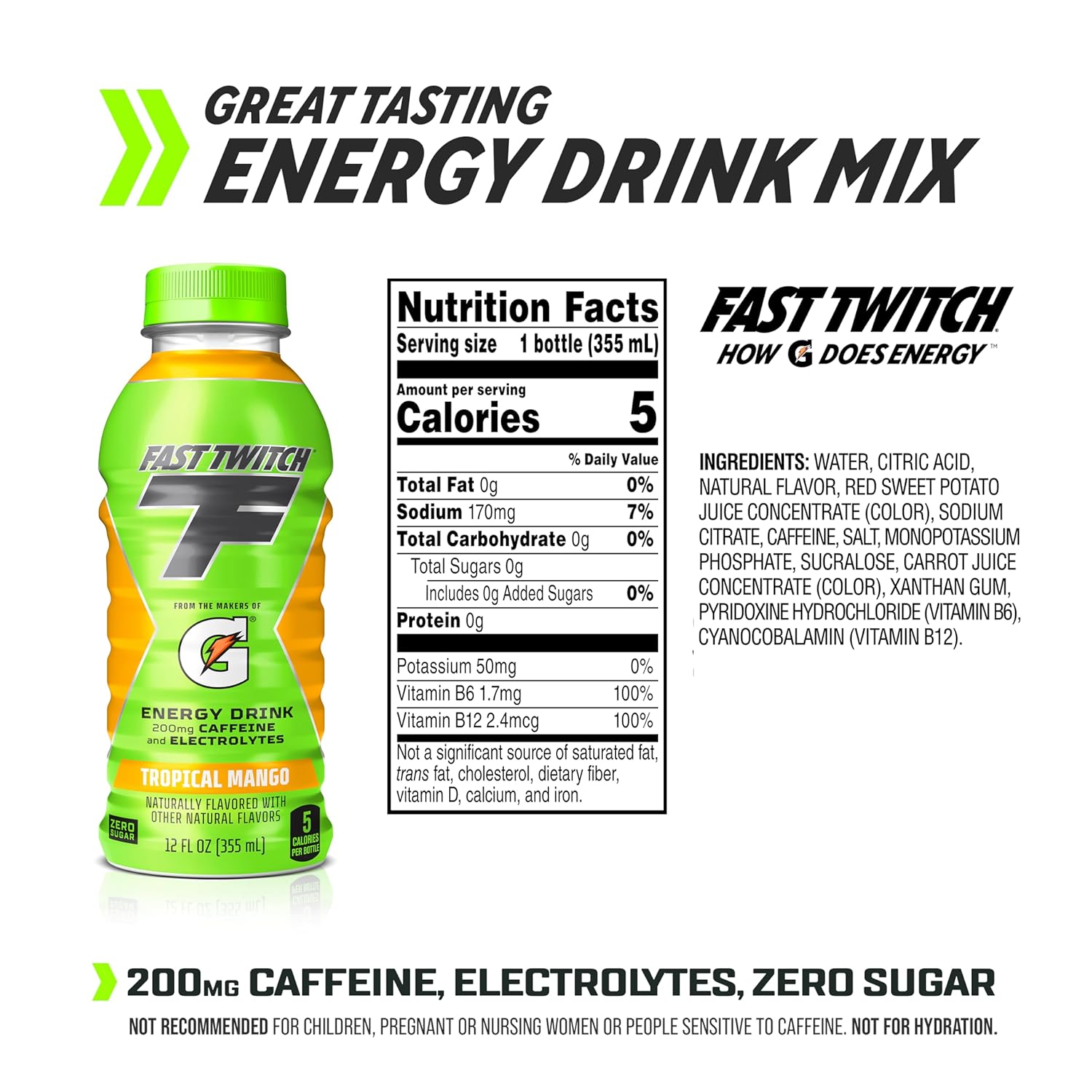 Fast Twitch Energy drink from Gatorade, Tropical Mango, 12oz Bottles, (12 Pack), 200mg Caffeine, Zero Sugar, Electrolytes-1