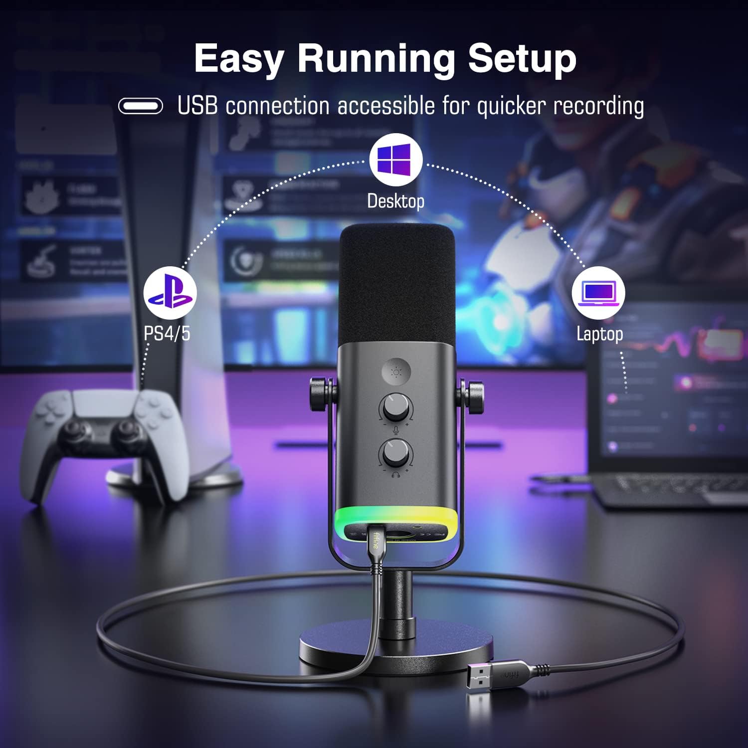 FIFINE XLR/USB Dynamic Microphone for Podcast Recording, PC Computer Gaming Streaming Mic with RGB Light, Mute Button, Headphones Jack, Desktop Stand, Vocal Mic for Singing YouTube-AmpliGame AM8-3