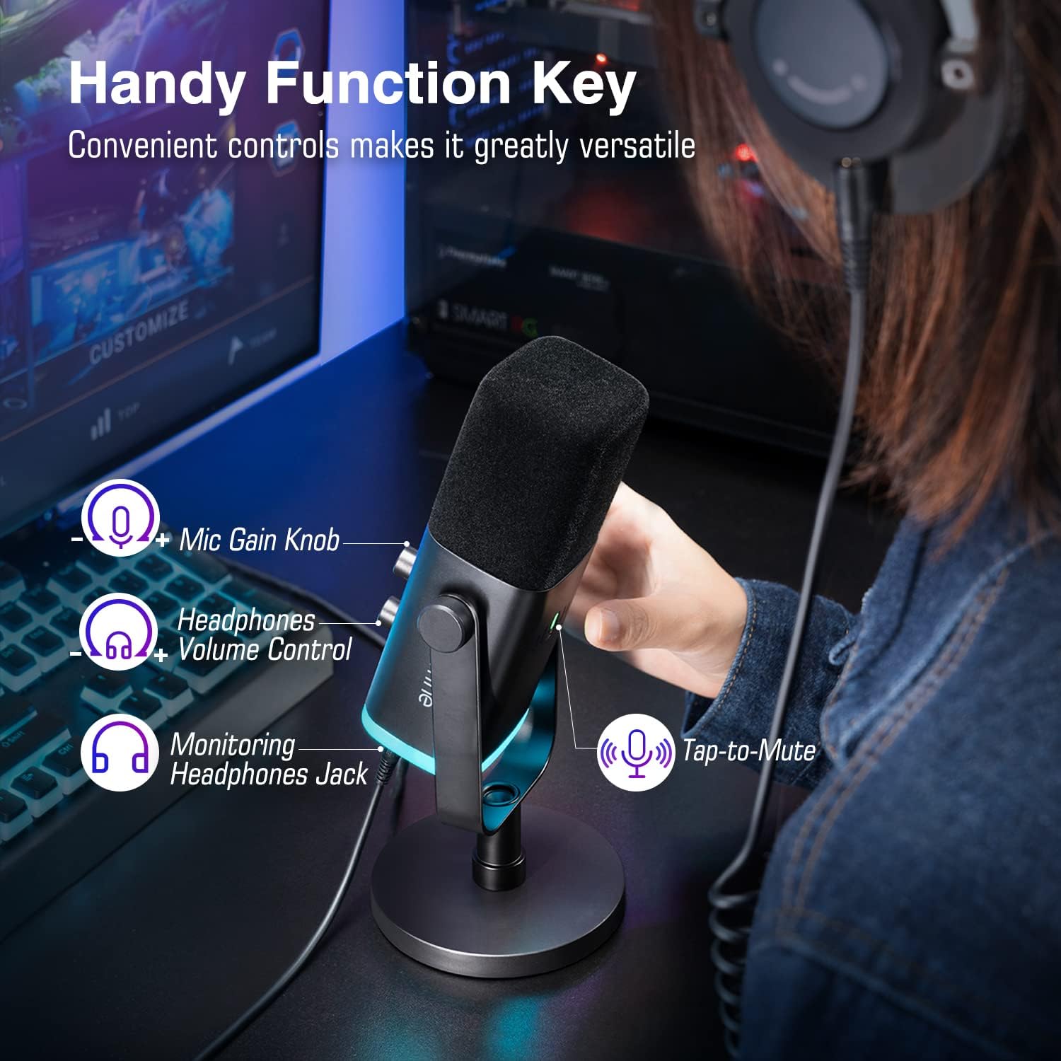 FIFINE XLR/USB Dynamic Microphone for Podcast Recording, PC Computer Gaming Streaming Mic with RGB Light, Mute Button, Headphones Jack, Desktop Stand, Vocal Mic for Singing YouTube-AmpliGame AM8-5