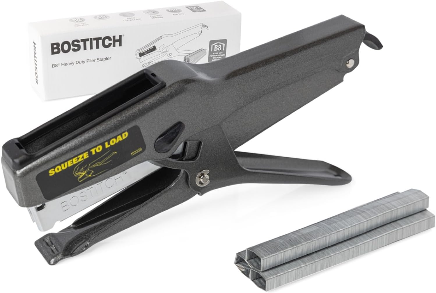 Bostitch Office B8 Plier Stapler Heavy Duty with 1250 1/4" Staples - 45-Sheet No Jam - Full Strip Metal Industrial Stapler - 210 Staple Capacity - for Cardboard, Paper, Fabric-0