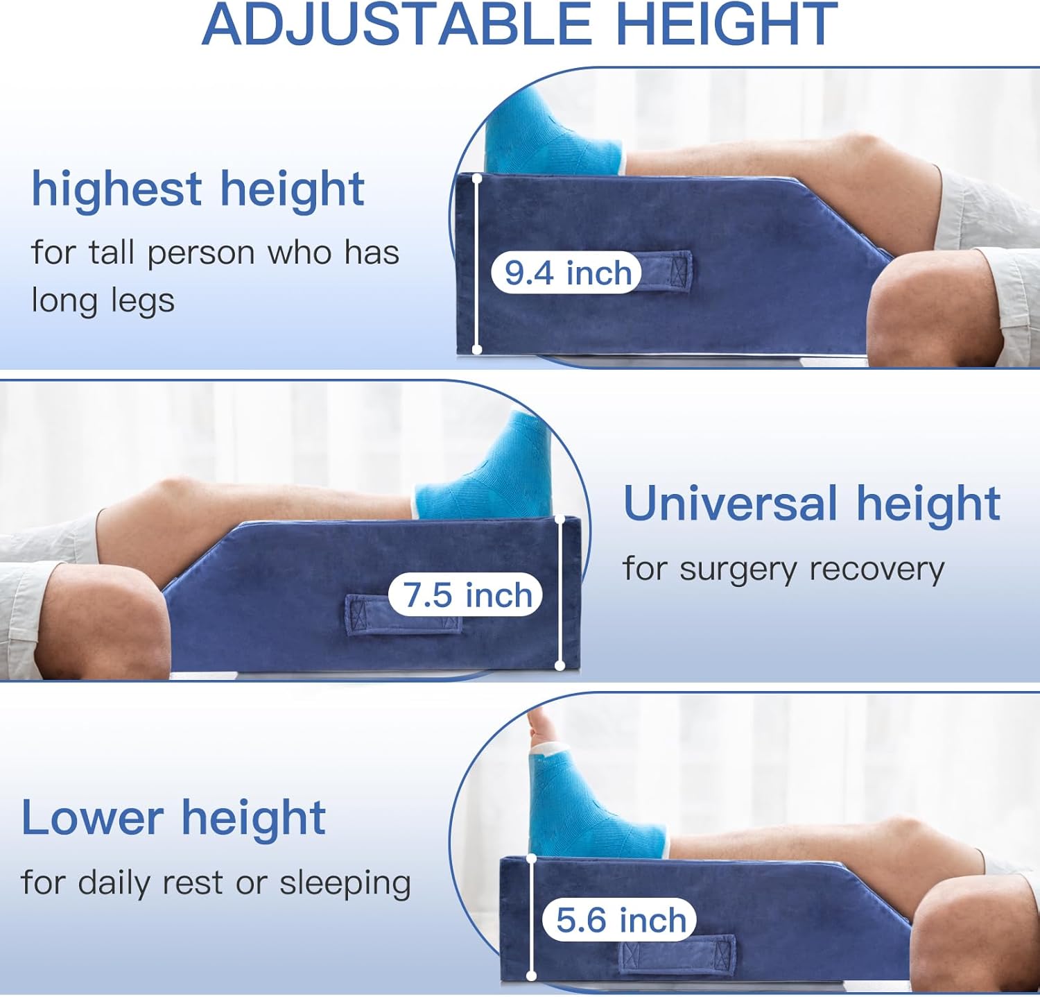 Leg Elevating Pillow, Memory Foam Leg Elevation Pillow after Surgery, 3-Height Wedge Pillow with Handles for Blood Circulation, Leg Swelling Relief and Knee Surgery Recovery, Washable Velvet Cover-2