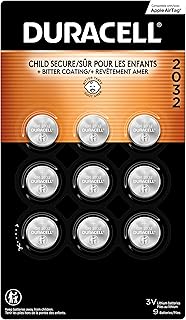 DURACELL 2032 Lithium Battery. 9 Count Pack. Child Safety Features. Compatible with Apple AirTag, Key Fob, and Other Devices. CR2032 Lithium 3V Cell. 2032 Battery, Lithium Coin Battery