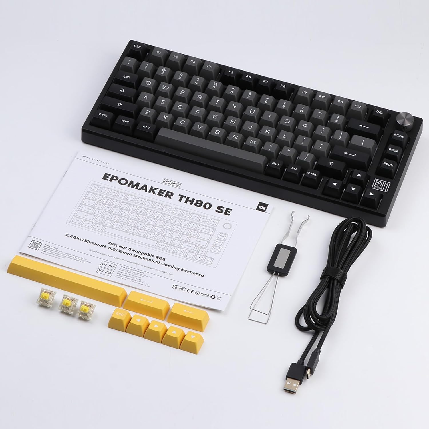 EPOMAKER TH80 SE Gasket 75% Mechanical Keyboard, NKRO Hot Swappable RGB 2.4Ghz/ Bluetooth 5.0/ Wired Gaming Keyboard with Poron/EVA Foam, 4000mah Battery (Black Silver, Gateron Pro Yellow)-7