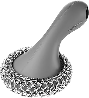 SUBEKYU Cast Iron Scrubber with Silicone Handle, Stainless Steel Cast Iron Skillet Cleaner Chainmail Scrubber for Cast Iron Pans, Grey