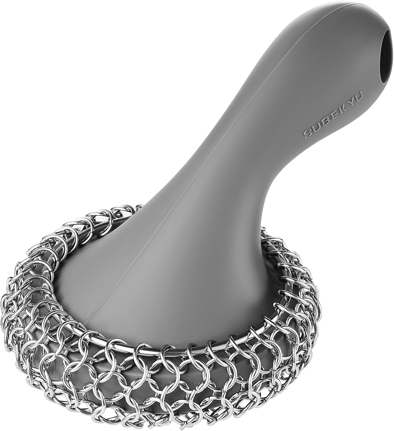 SUBEKYU Cast Iron Scrubber with Silicone Handle, Stainless Steel Cast Iron Skillet Cleaner Chainmail Scrubber for Cast Iron Pans, Grey-0