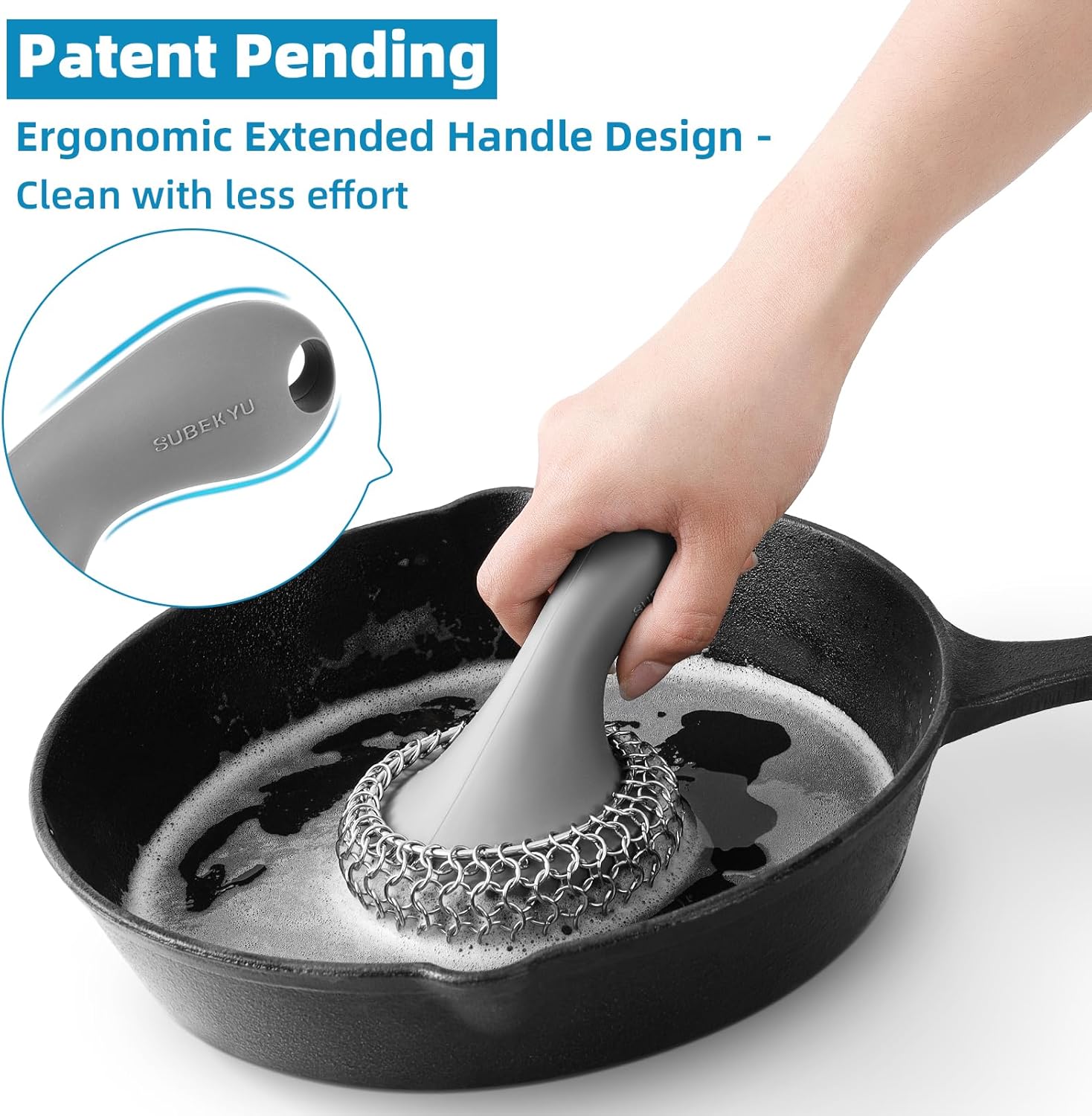 SUBEKYU Cast Iron Scrubber with Silicone Handle, Stainless Steel Cast Iron Skillet Cleaner Chainmail Scrubber for Cast Iron Pans, Grey-2