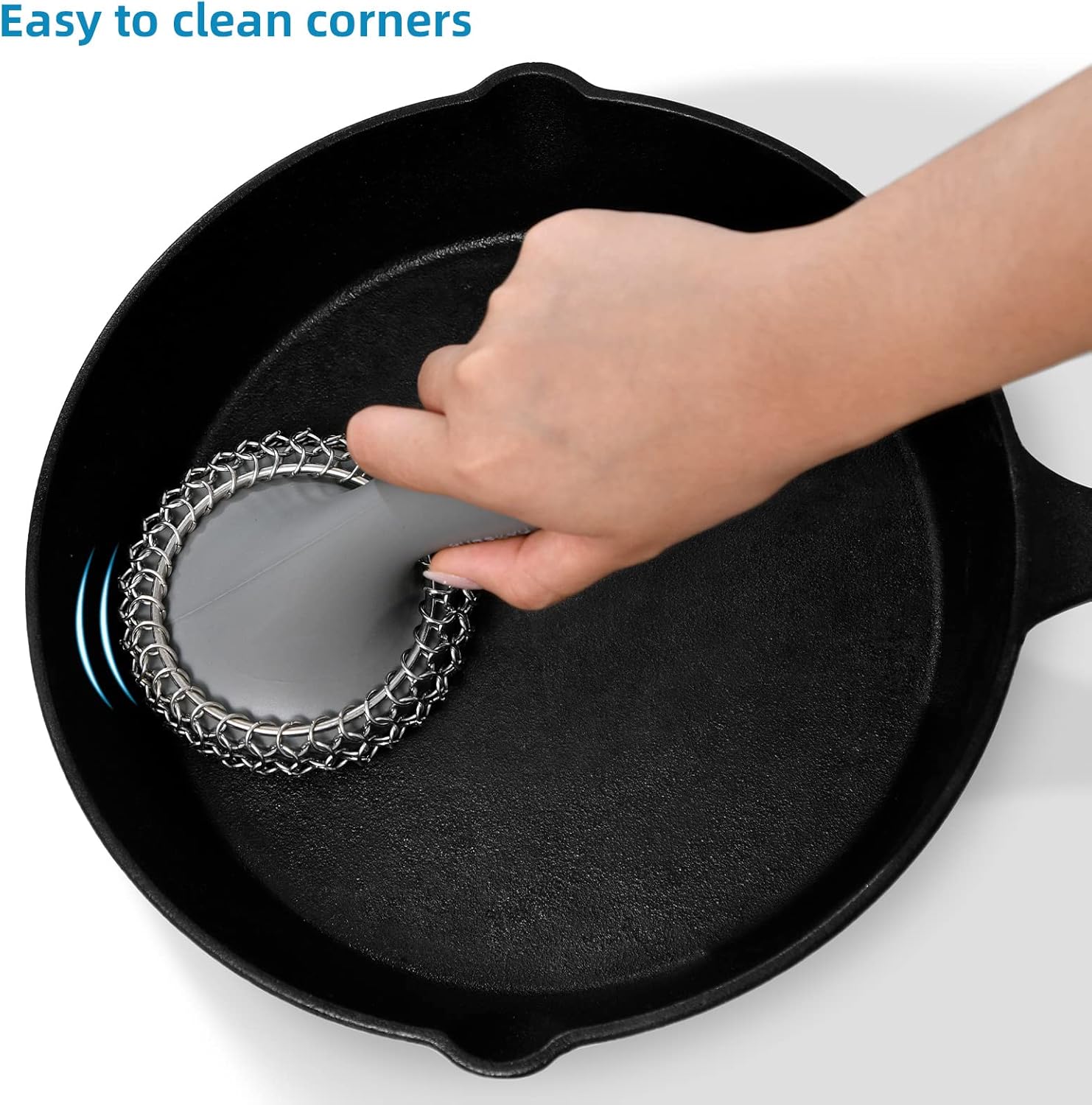 SUBEKYU Cast Iron Scrubber with Silicone Handle, Stainless Steel Cast Iron Skillet Cleaner Chainmail Scrubber for Cast Iron Pans, Grey-3