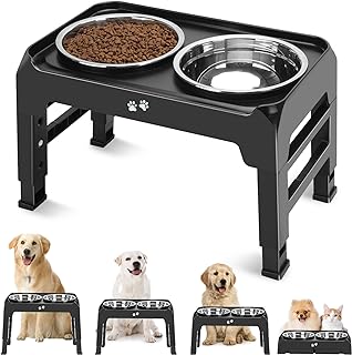 Elevated Dog Bowls, 4 Height Adjustable Raised Dog Bowl Stand with 2 Thick 50oz Stainless Steel Dog Food Bowls Non-Slip Dog Feeder for Large Medium Dogs Adjusts to 3.7", 9.2", 10.75", 12.36" Black