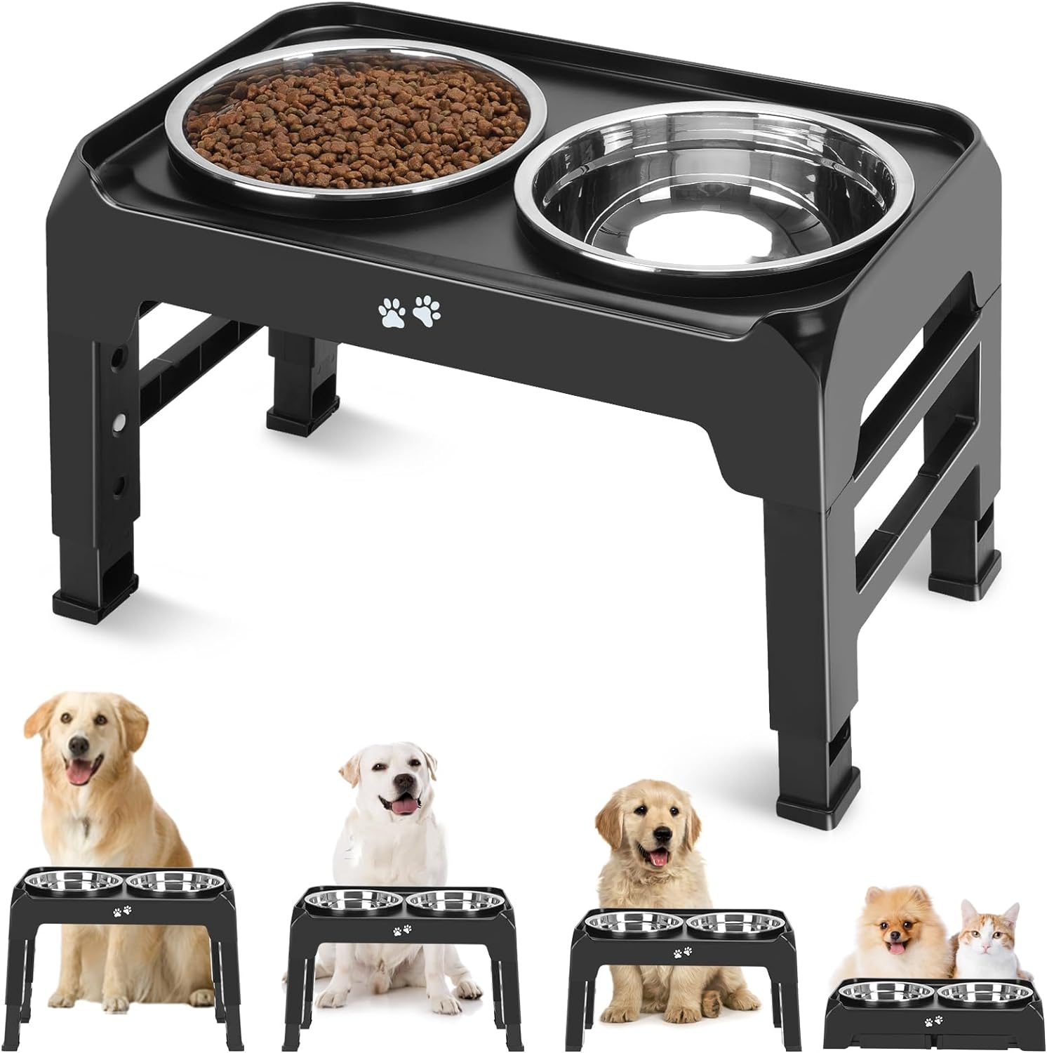 Elevated Dog Bowls, 4 Height Adjustable Raised Dog Bowl Stand with 2 Thick 50oz Stainless Steel Dog Food Bowls Non-Slip Dog Feeder for Large Medium Dogs Adjusts to 3.7", 9.2", 10.75", 12.36" Black-0