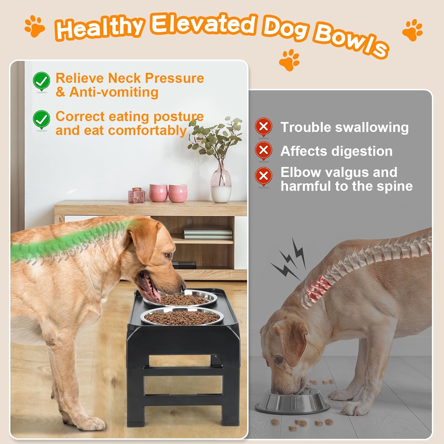 Elevated Dog Bowls, 4 Height Adjustable Raised Dog Bowl Stand with 2 Thick 50oz Stainless Steel Dog Food Bowls Non-Slip Dog Feeder for Large Medium Dogs Adjusts to 3.7", 9.2", 10.75", 12.36" Black-2