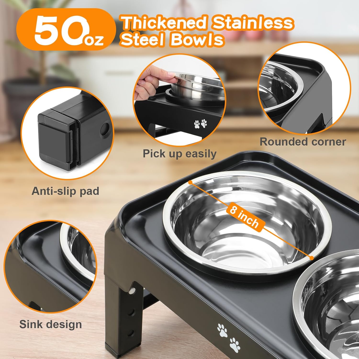 Elevated Dog Bowls, 4 Height Adjustable Raised Dog Bowl Stand with 2 Thick 50oz Stainless Steel Dog Food Bowls Non-Slip Dog Feeder for Large Medium Dogs Adjusts to 3.7", 9.2", 10.75", 12.36" Black-3