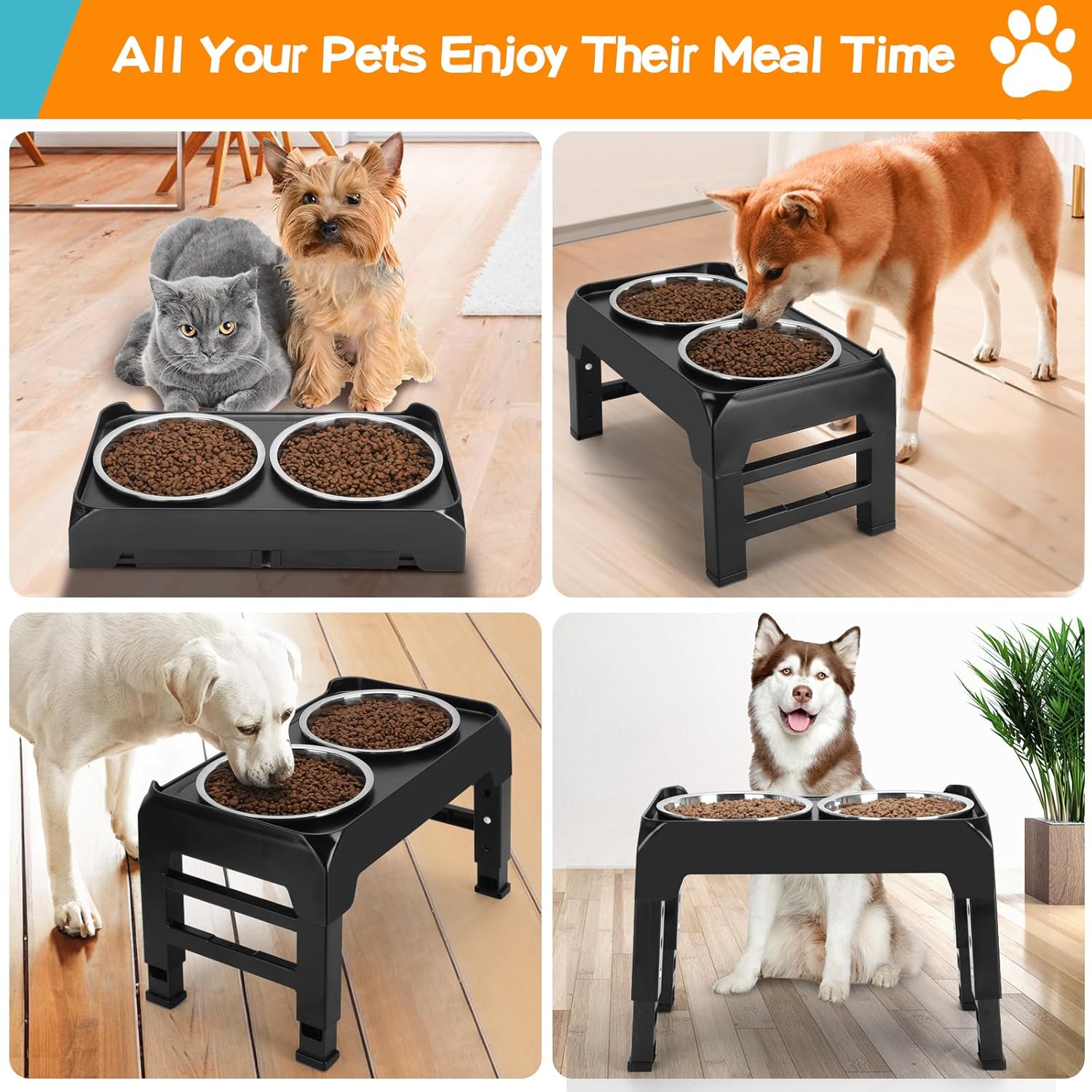 Elevated Dog Bowls, 4 Height Adjustable Raised Dog Bowl Stand with 2 Thick 50oz Stainless Steel Dog Food Bowls Non-Slip Dog Feeder for Large Medium Dogs Adjusts to 3.7", 9.2", 10.75", 12.36" Black-7