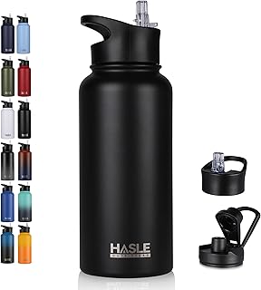 HASLE OUTFITTERS 32 oz Insulated Water Bottle Stainless Steel Double Walled Vacuum Sports Water Bottle with 2 Lids (Straw and Spout Lid) for Gym Camping Hiking(Black,1)