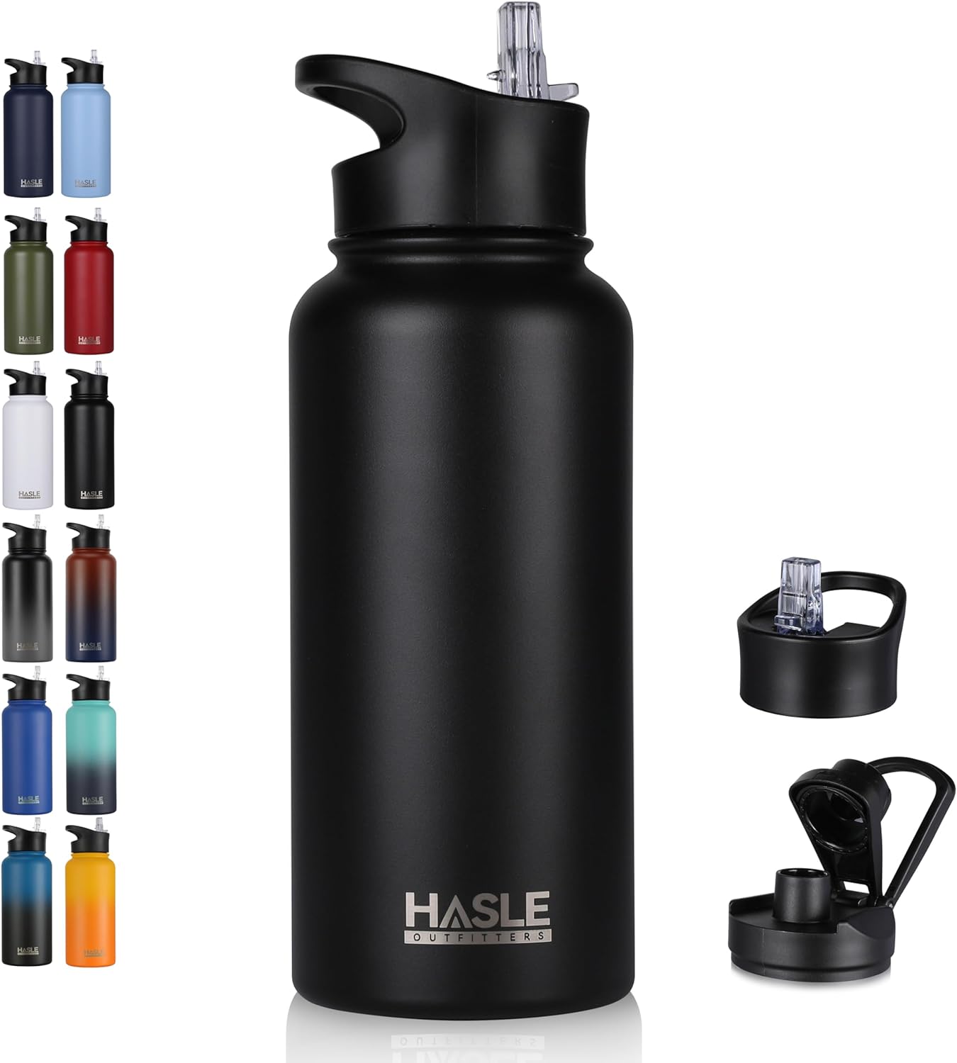 HASLE OUTFITTERS 32 oz Insulated Water Bottle Stainless Steel Double Walled Vacuum Sports Water Bottle with 2 Lids (Straw and Spout Lid) for Gym Camping Hiking(Black,1)-0