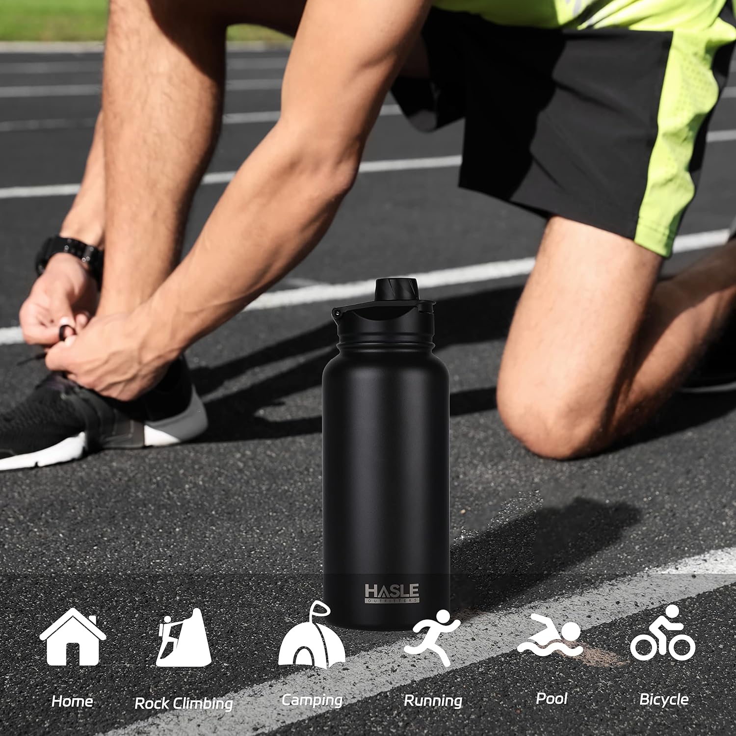 HASLE OUTFITTERS 32 oz Insulated Water Bottle Stainless Steel Double Walled Vacuum Sports Water Bottle with 2 Lids (Straw and Spout Lid) for Gym Camping Hiking(Black,1)-5