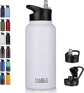 HASLE OUTFITTERS 32 oz Insulated Water Bottle Stainless Steel Double Walled Vacuum Sports Water Bottle with 2 Lids (Straw and Spout Lid) for Gym Camping Hiking(White,1)