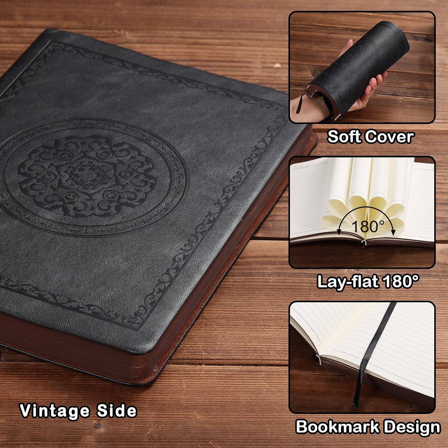 Leather Vintage Journal Notebook,300 Pages,Leather Softcover Lined Journal Notebooks for Women Men,Notebook Journals for Writing Travel,Business,Office,5.7'' X 8.3'',Black-2