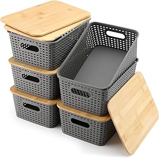 Storage Bins with Bamboo Lids Set of 6 Lidded Storage Container Plastic Baskets Organizer Bins for Organizing Kithen Room Bedroom Office Closet, Sturdy(Grey)