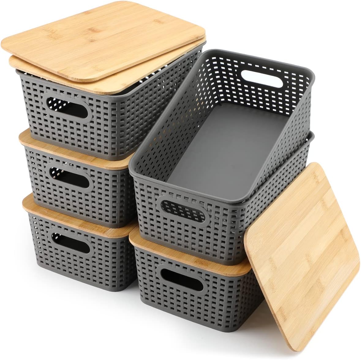 Storage Bins with Bamboo Lids Set of 6 Lidded Storage Container Plastic Baskets Organizer Bins for Organizing Kithen Room Bedroom Office Closet, Sturdy(Grey)-0