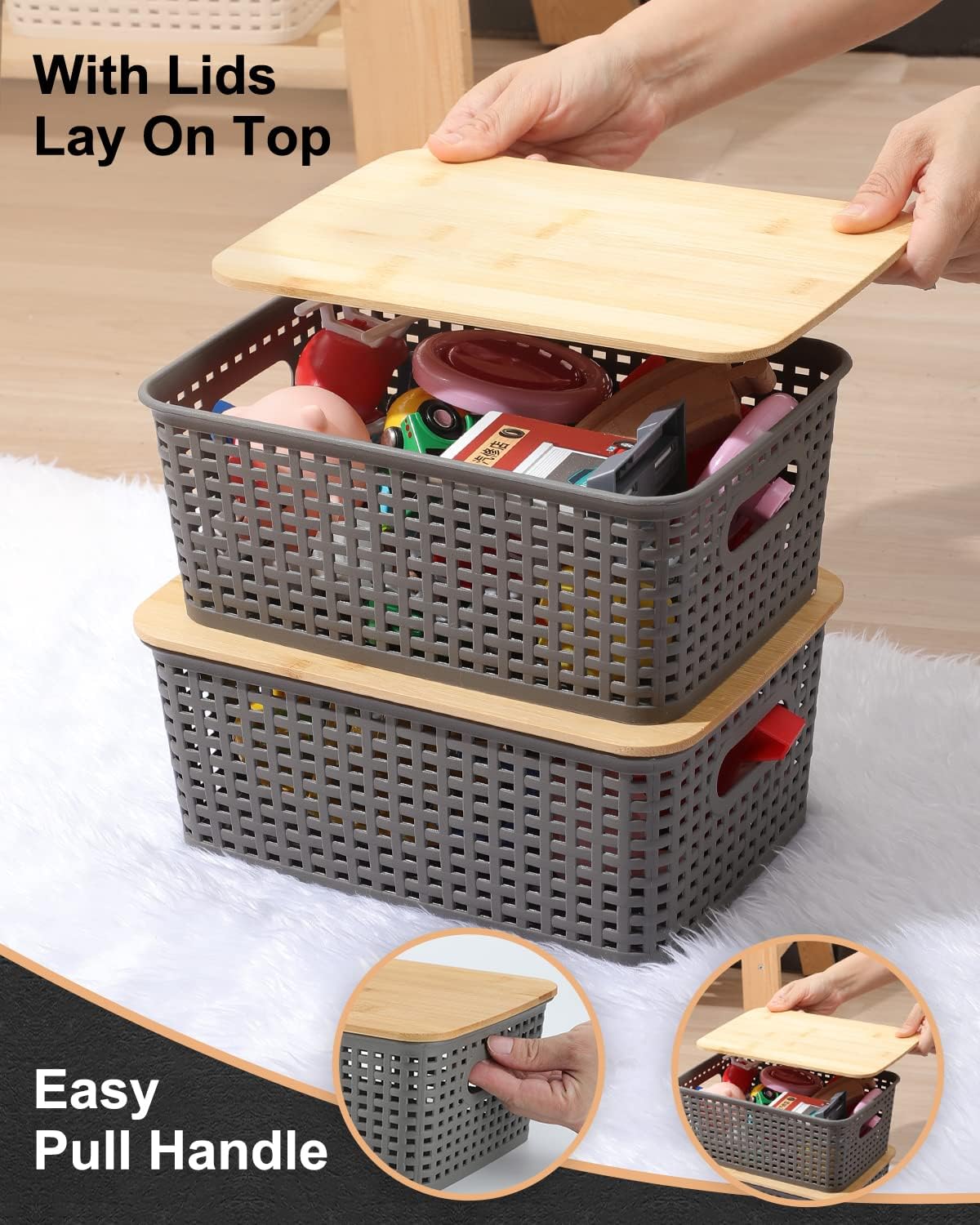 Storage Bins with Bamboo Lids Set of 6 Lidded Storage Container Plastic Baskets Organizer Bins for Organizing Kithen Room Bedroom Office Closet, Sturdy(Grey)-1