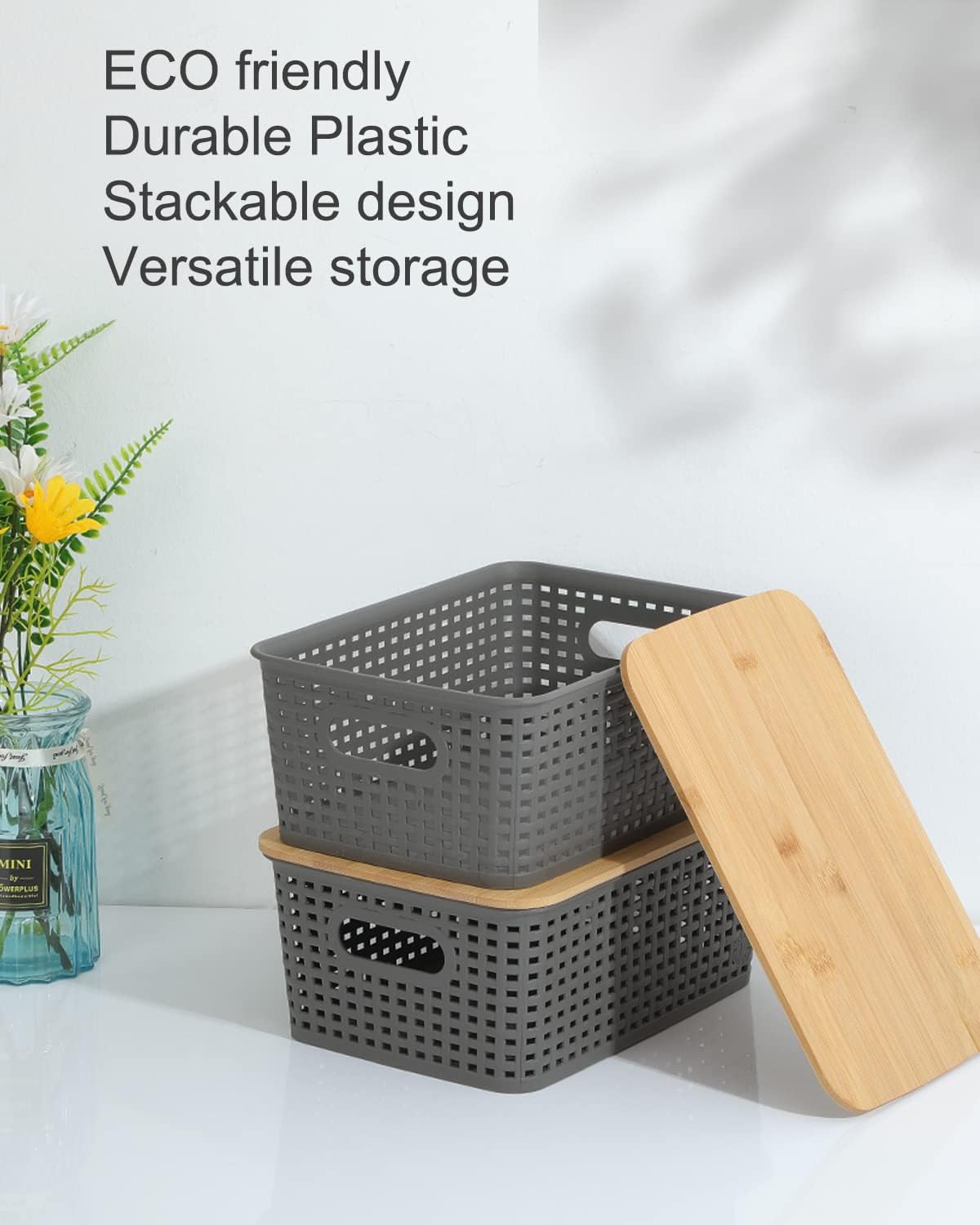 Storage Bins with Bamboo Lids Set of 6 Lidded Storage Container Plastic Baskets Organizer Bins for Organizing Kithen Room Bedroom Office Closet, Sturdy(Grey)-2