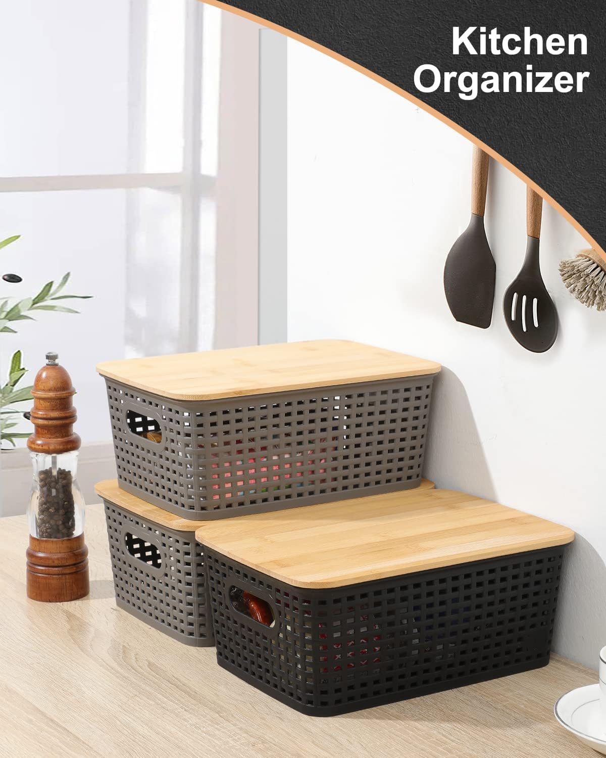 Storage Bins with Bamboo Lids Set of 6 Lidded Storage Container Plastic Baskets Organizer Bins for Organizing Kithen Room Bedroom Office Closet, Sturdy(Grey)-4