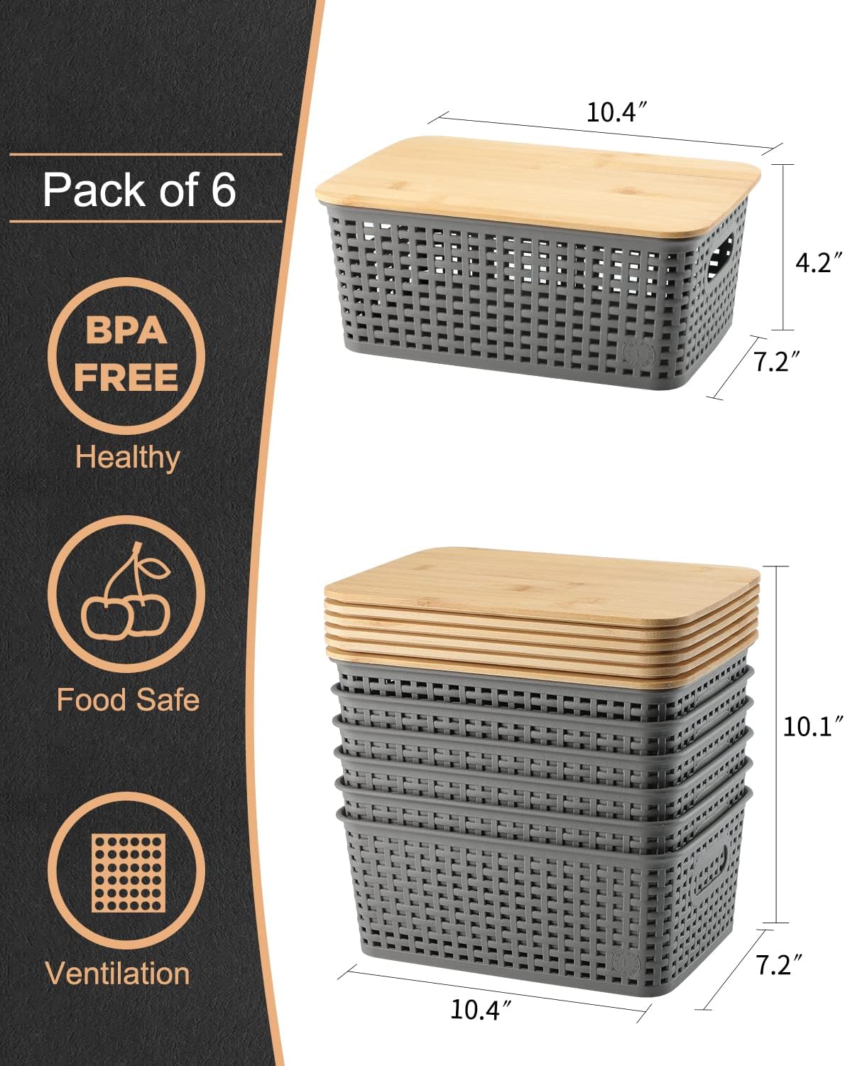 Storage Bins with Bamboo Lids Set of 6 Lidded Storage Container Plastic Baskets Organizer Bins for Organizing Kithen Room Bedroom Office Closet, Sturdy(Grey)-7