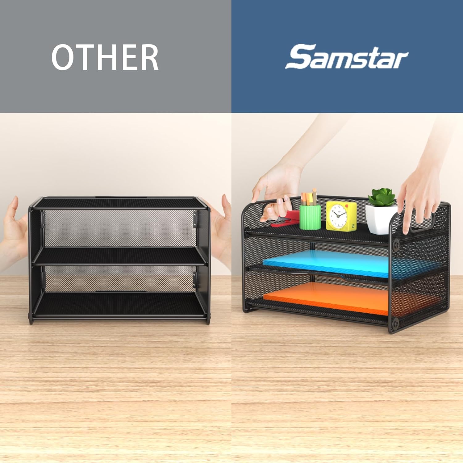 Samstar 3 Tier Letter Tray Paper Organizer with Handle, Mesh Desk Organizer Paper Sorter File Rack Shelves, Black-2