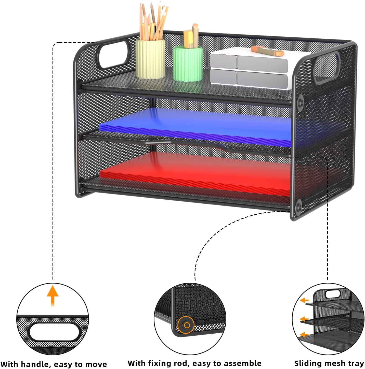 Samstar 3 Tier Letter Tray Paper Organizer with Handle, Mesh Desk Organizer Paper Sorter File Rack Shelves, Black-3