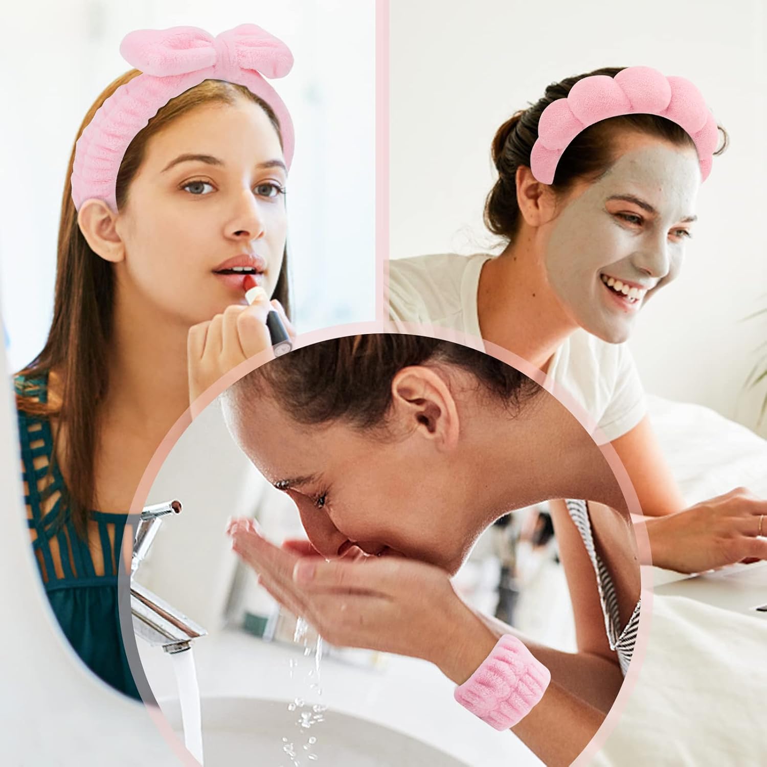 Puffy Spa Headband & Skincare Headbands for Women Makeup,Terry Cloth Towel Head Band for Skin Care,Sponge Make Up Hair Band for Girls,Face Wash Wristband Scrunchies Set 4 Pcs-1