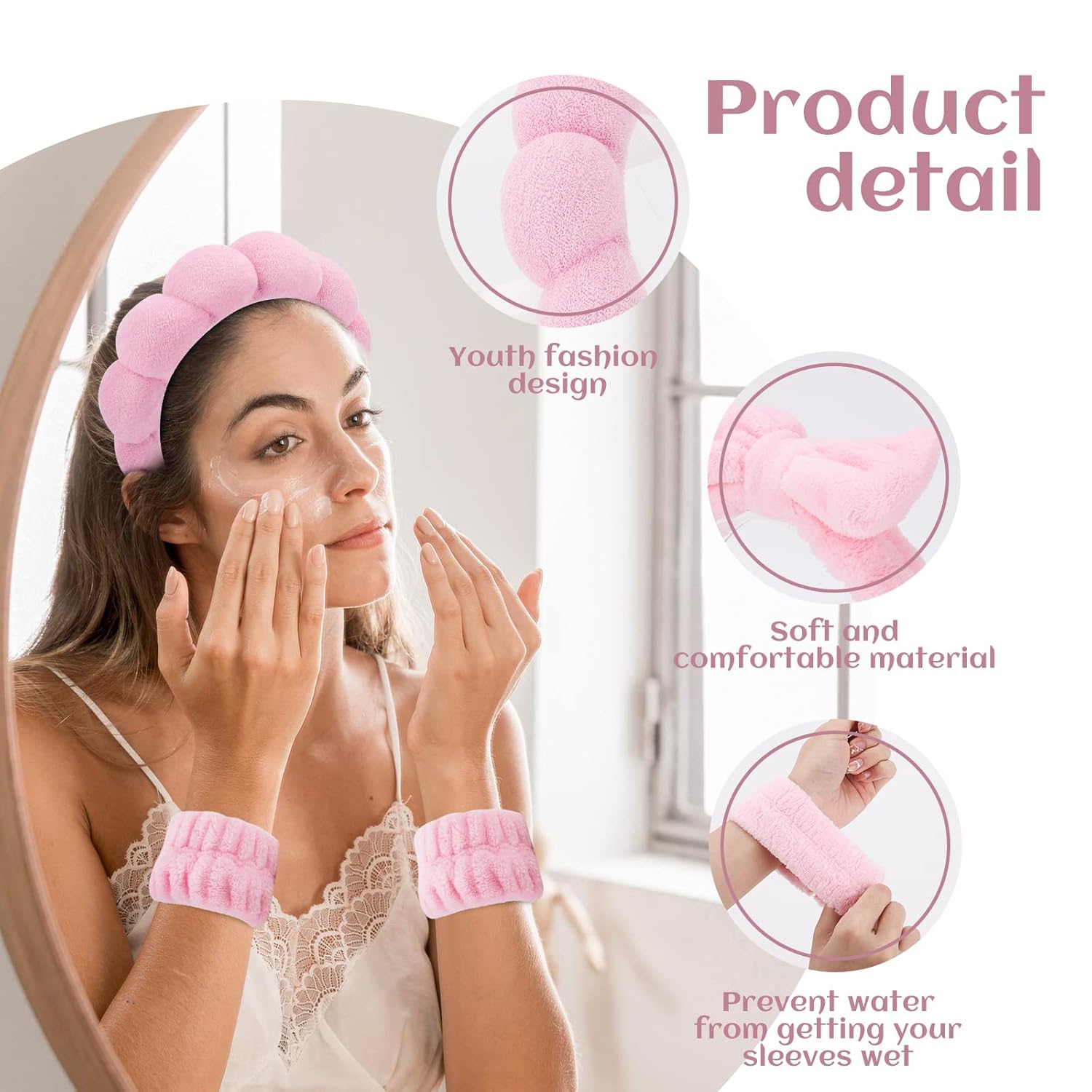 Puffy Spa Headband & Skincare Headbands for Women Makeup,Terry Cloth Towel Head Band for Skin Care,Sponge Make Up Hair Band for Girls,Face Wash Wristband Scrunchies Set 4 Pcs-2