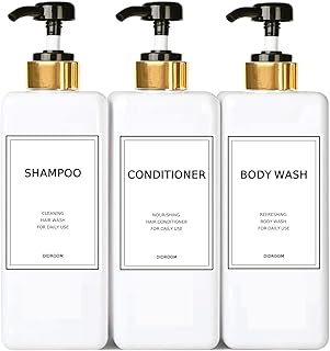 Modern Gold Shampoo and Conditioner Dispenser (21 oz, Pack of 3) Refillable Pump Bottle Set Empty Shower Plastic Bottles with Pump for Bathroom Body Wash Soap and Shower, 3 Types Waterproof Labels